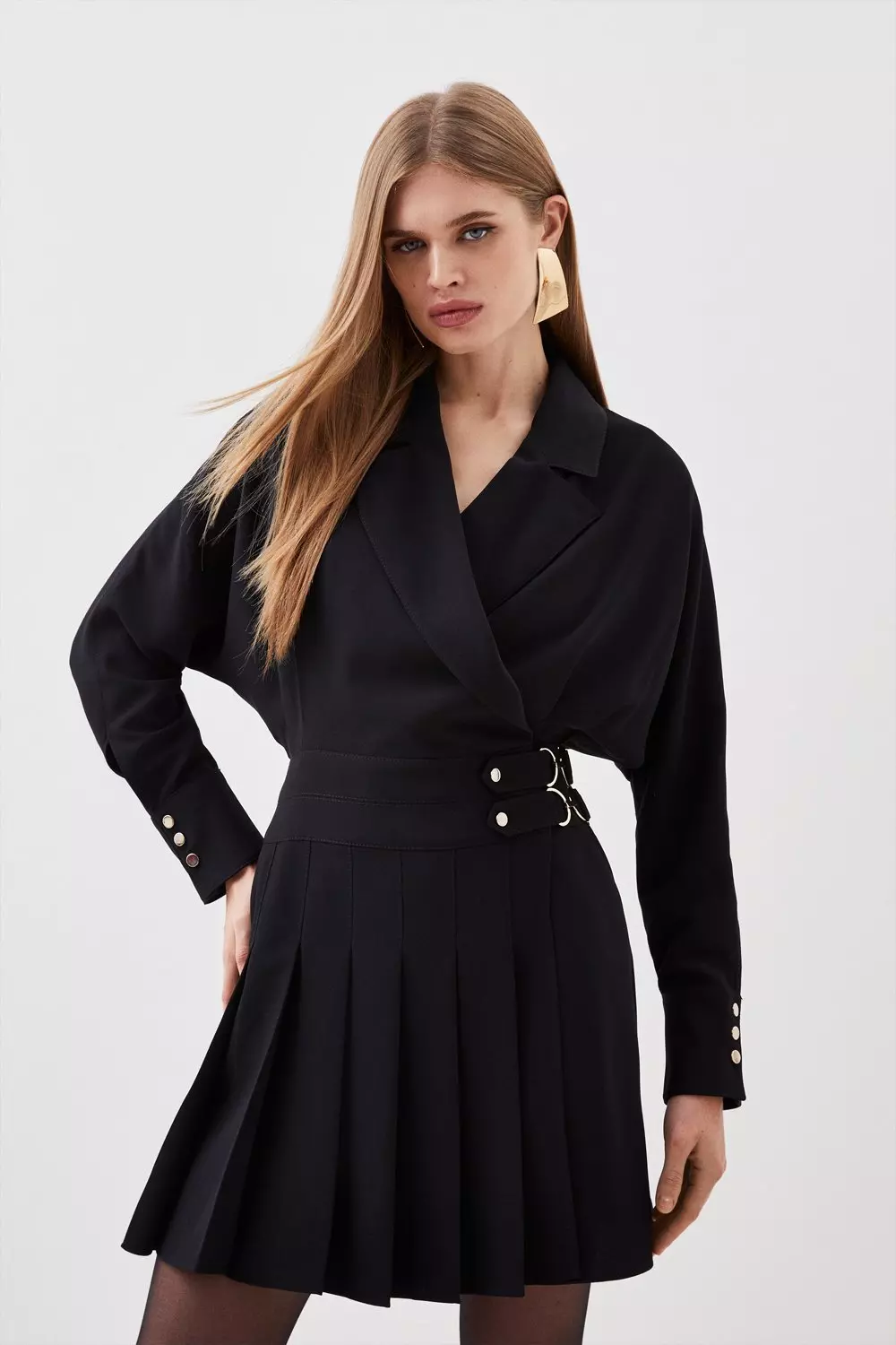 Tailored Crepe Pleated Skirt Wrap Mini Shirt Dress Karen Millen