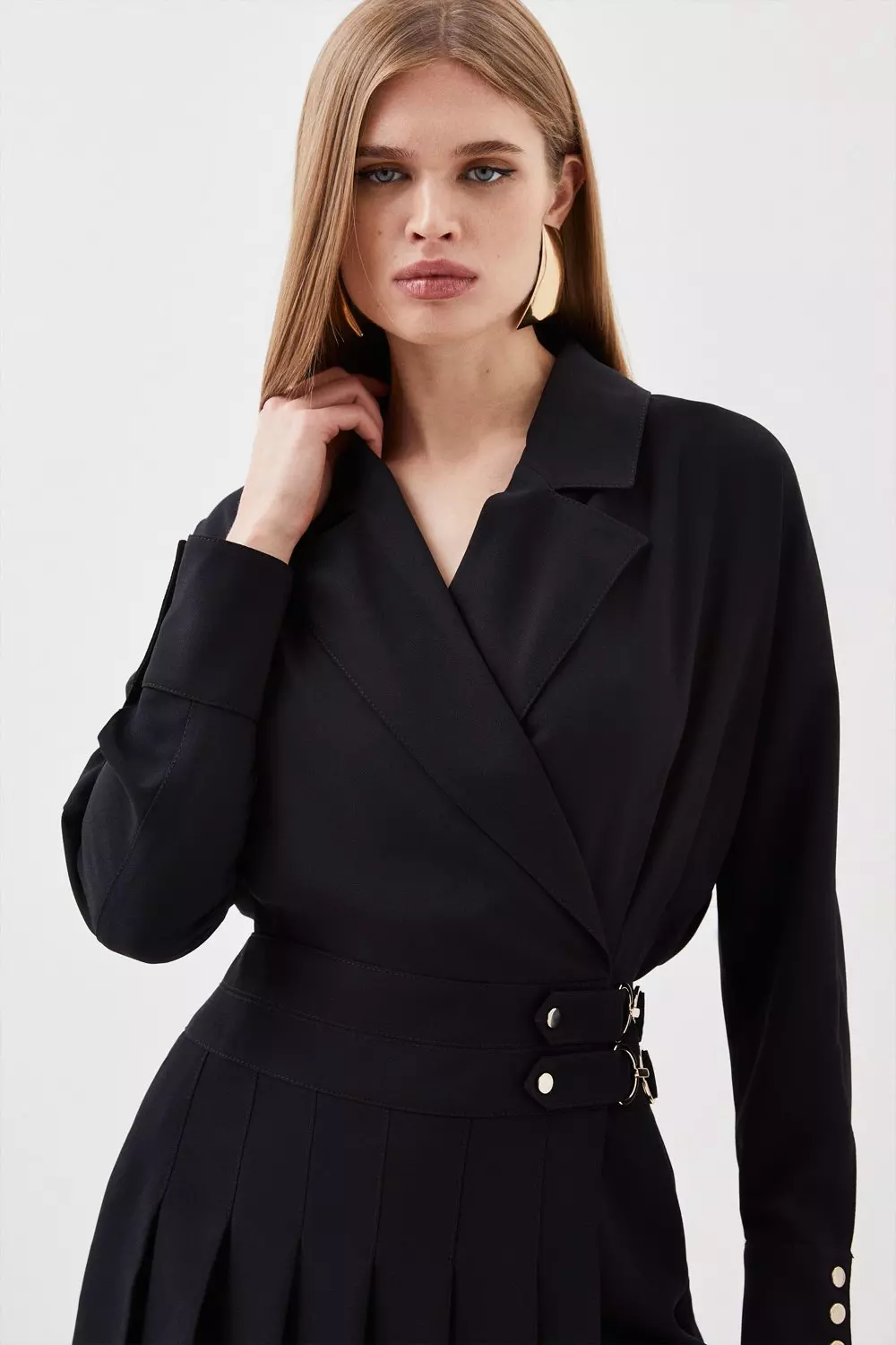 【Karen Millen】テーラード プリーツ ハイネック ドレス Tailored Crepe Pleated Skirt Wrap Mini Shirt Dress | Karen