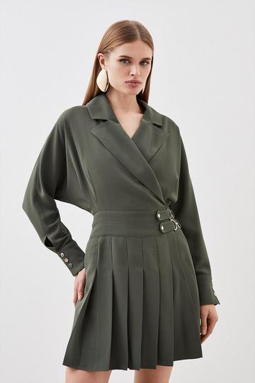 Tailored Crepe Pleated Skirt Wrap Mini Shirt Dress khaki