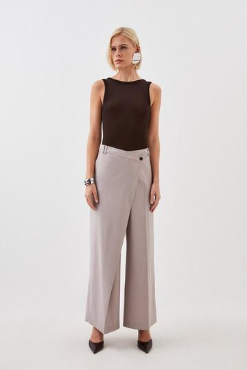 Tailored Wool Blend Wrap Detail Wide Leg Pants stone