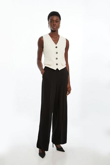Black Compact Stretch Essential Tailored High Waist Wide Leg Trousers