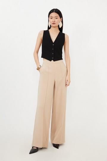 Camel Beige Compact Stretch Essential Tailored High Waist Wide Leg Trousers