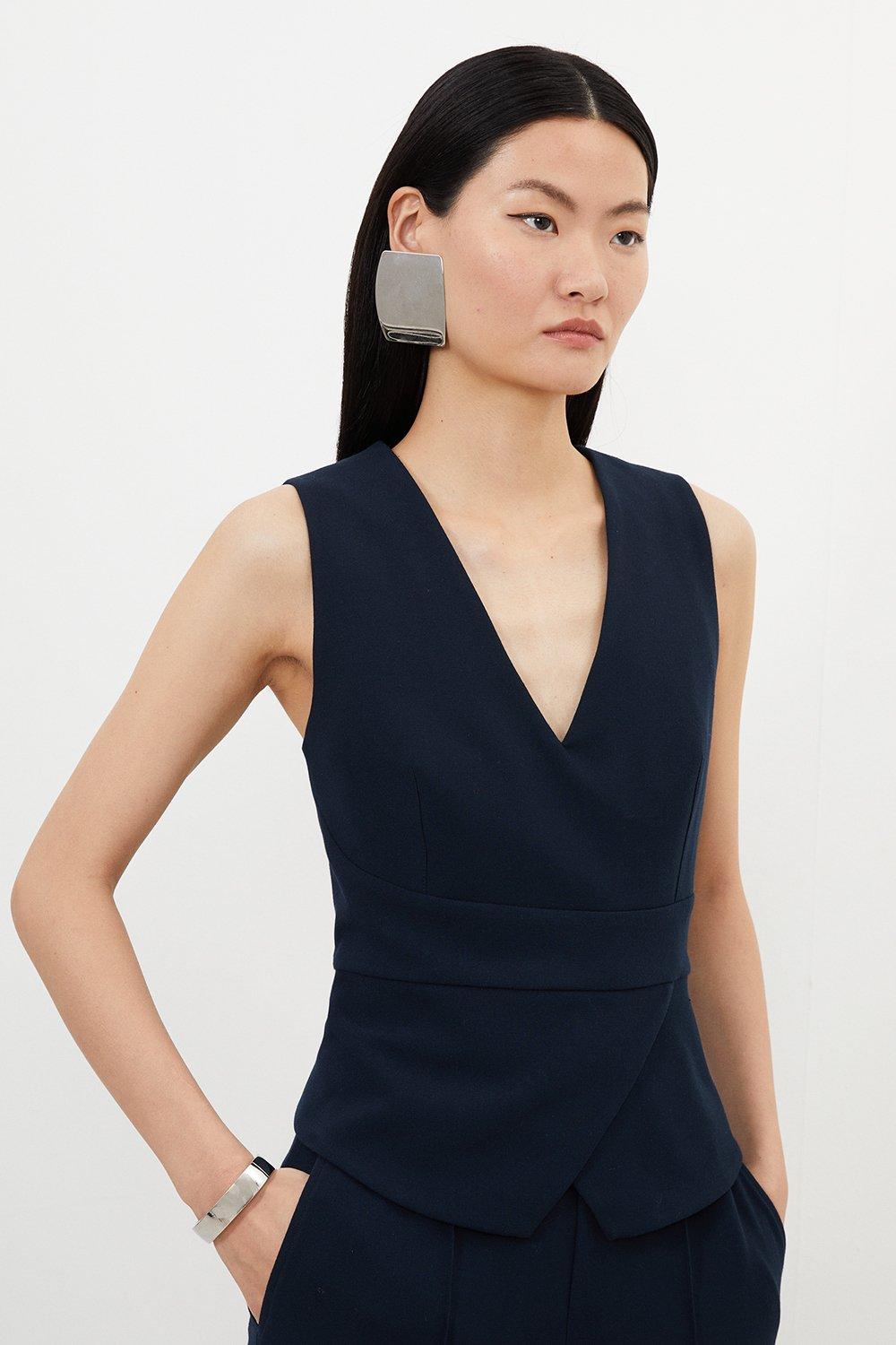 Navy Tailored V Neck Peplum Top 