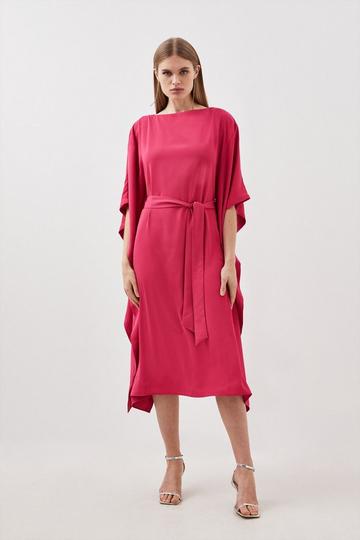 Tailored Premium Crepe Kaftan Style Belted Dress fuchsia