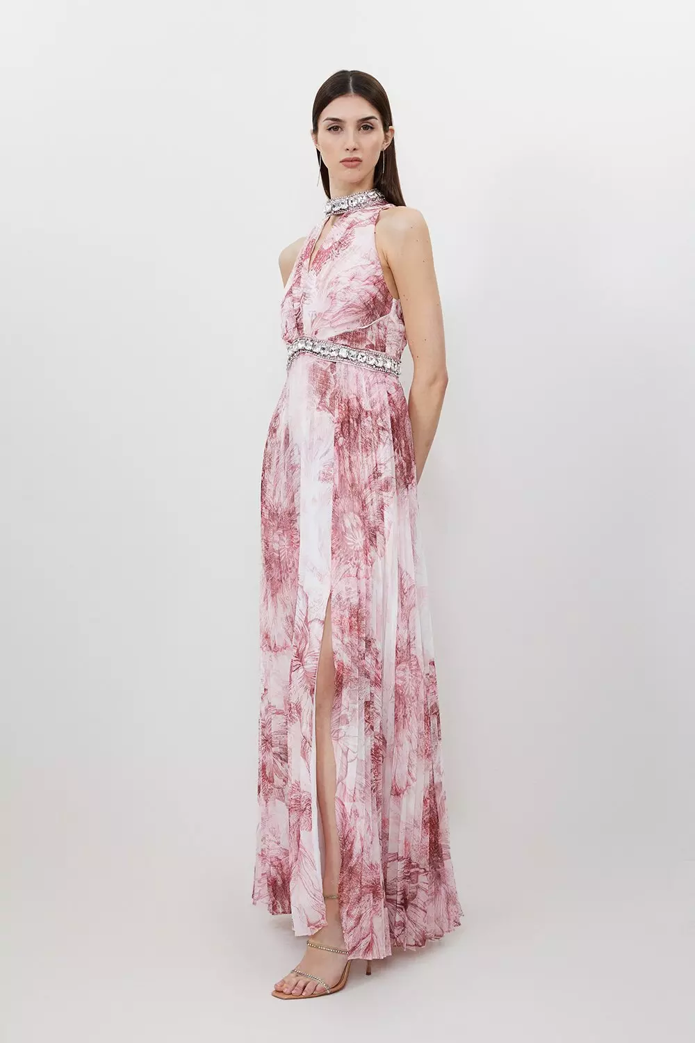Abstract Floral Crystal Embellished Woven Split Maxi Dress