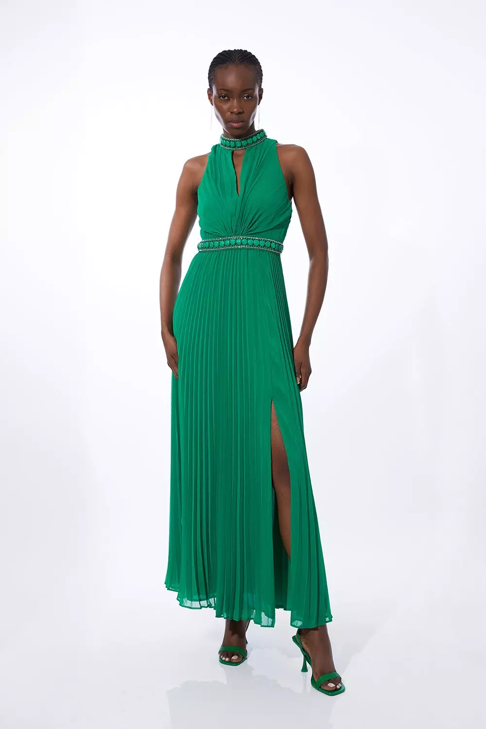 Halter Diamante Enamel Trim Woven Pleated Split Maxi Dress Karen Millen