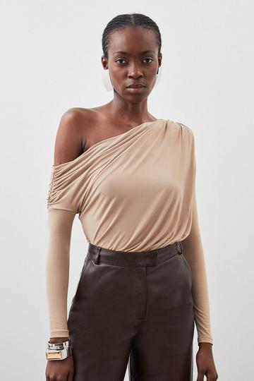 Drapey Crepe Jersey Asymmetrical Bodysuit sand