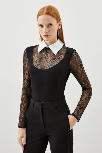 Black Lace Ponte Cotton Mix Jersey Bodysuit