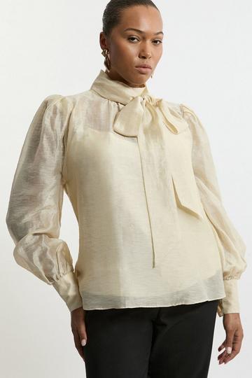 Plus Size Linen Blend Organdie Woven Pussybow Blouse ivory