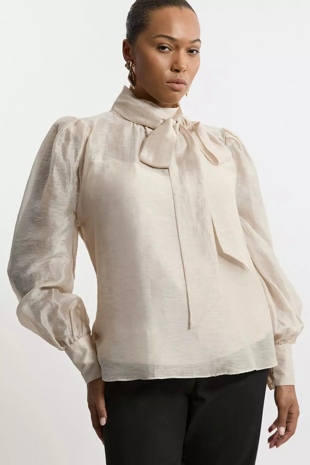 Ivory Plus Size Linen Blend Organdie Woven Pussybow Blouse alternative image