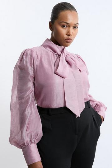 Plus Size Linen Blend Organdie Woven Pussybow Blouse rose