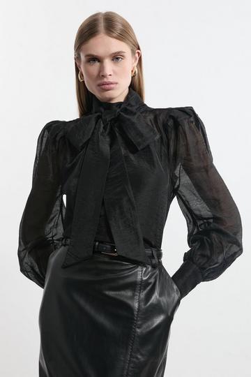 Black Organdie Woven Pussybow Blouse