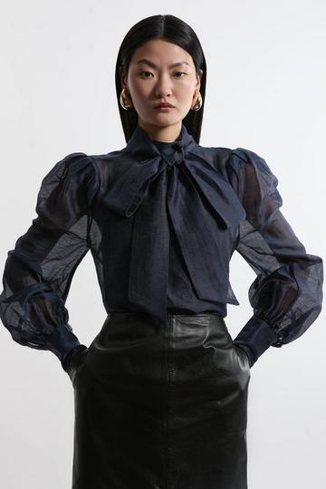 Navy Organdie Woven Pussybow Blouse