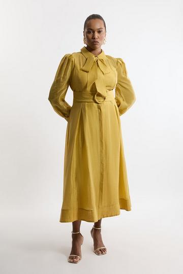 Plus Size Linen Blend Organdie Woven Pussybow Midaxi Dress lime