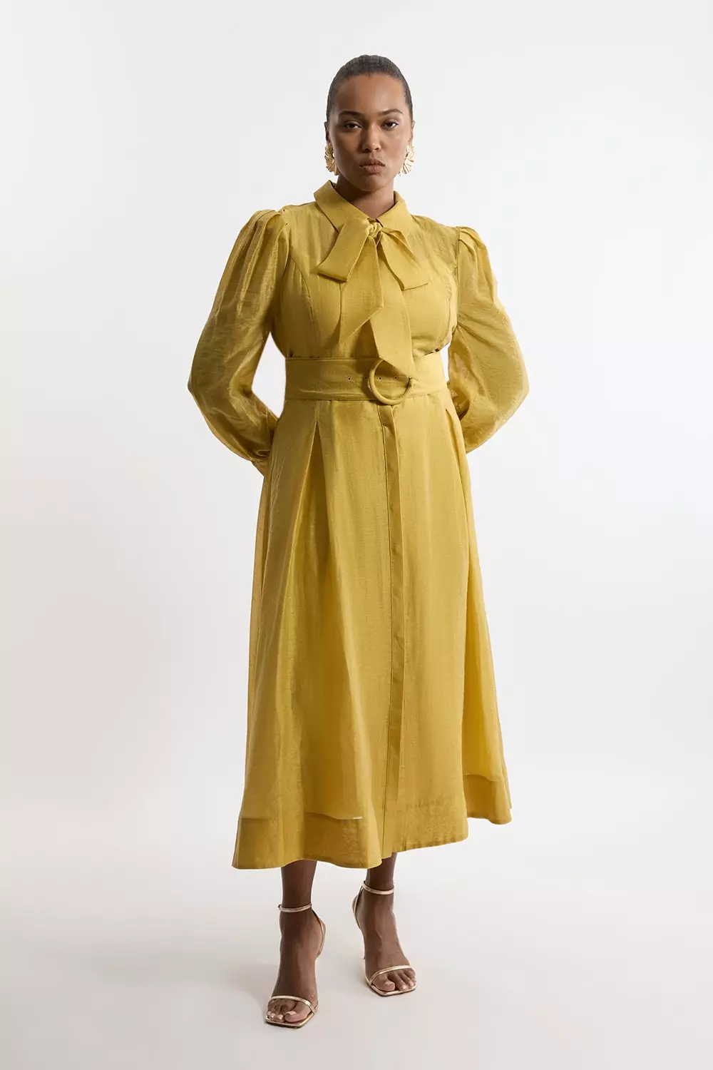 Plus Size Linen Blend Organdie Woven Pussybow Midaxi Dress Karen Millen