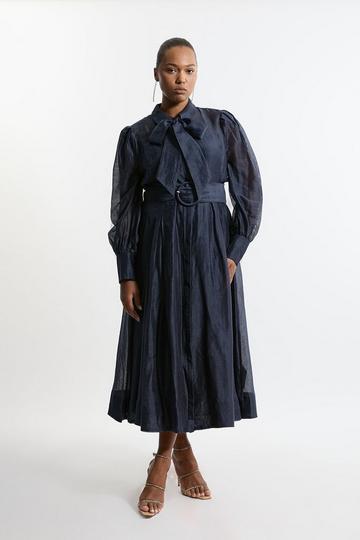 Plus Size Linen Blend Organdie Woven Pussybow Midaxi Dress navy