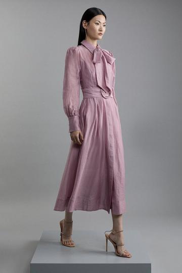 Petite Linen Blend Organdie Woven Pussybow Midaxi Dress rose