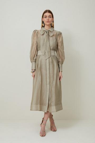 Champagne Beige Organdie Woven Pussybow Midaxi Dress