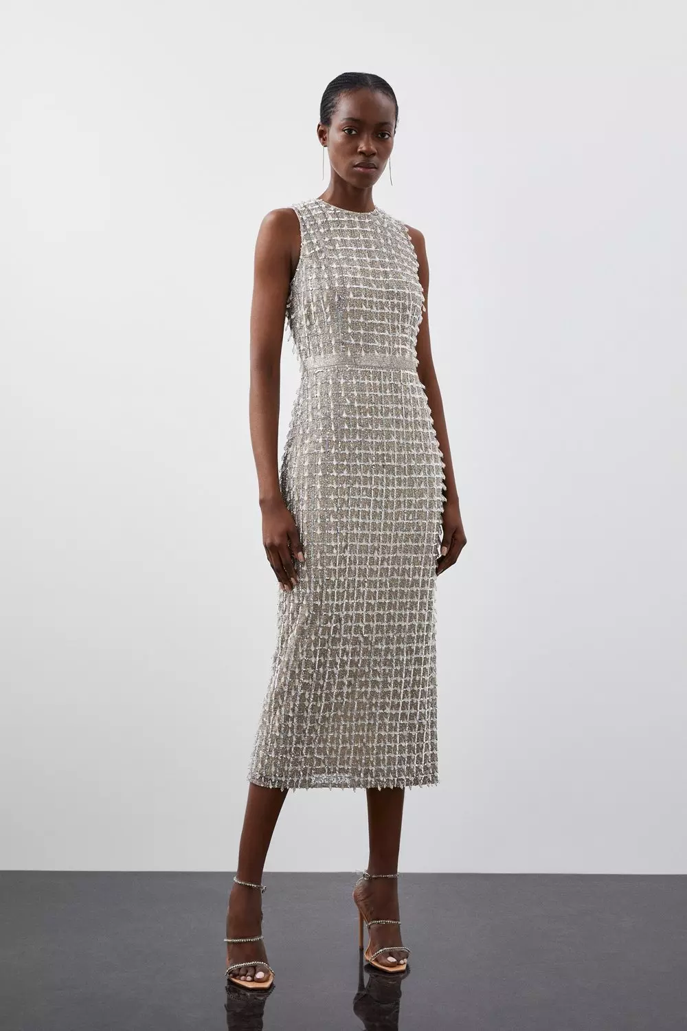 【Karen Millen】ライトウェイト ステッチ ニットドレス Embellished Woven Midi Dress | Karen Millen