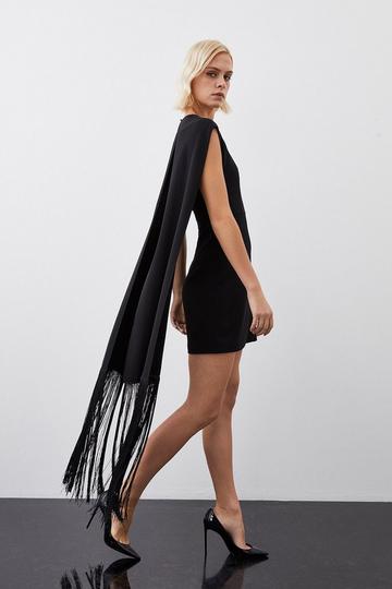Black Petite Fringe Cape Woven Mini Dress