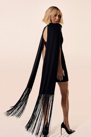 Black Fringe Cape Woven Mini Dress