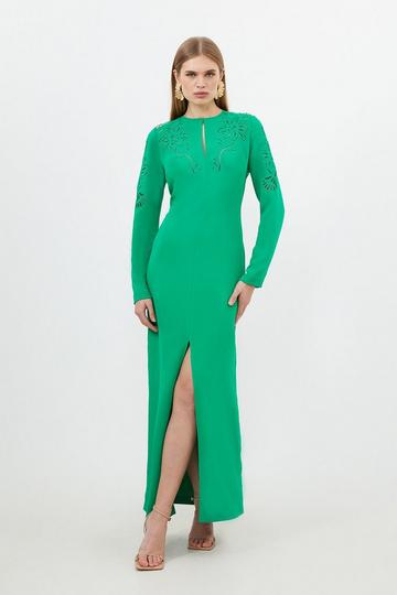 Green Premium Cady Cutwork Long Sleeve Woven Maxi Dress