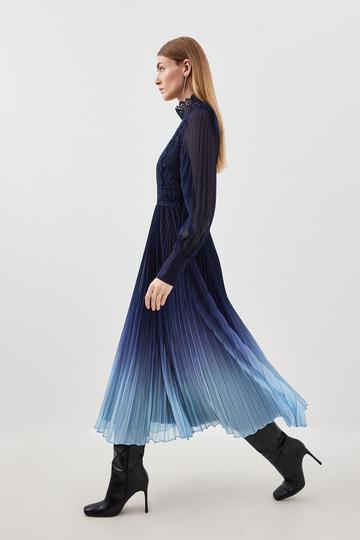 Blue Long Sleeve Ombre Guipure Lace Maxi Dress