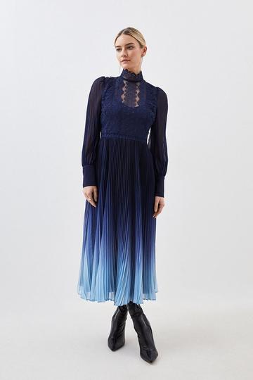 Petite Long Sleeve Ombre Guipure Lace Maxi Dress blue