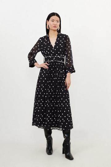 Black Pleated Contrast Georgette Spot Woven Midi Dress