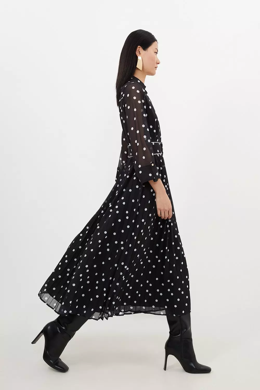 Pleated Contrast Georgette Spot Woven Midi Dress Karen Millen