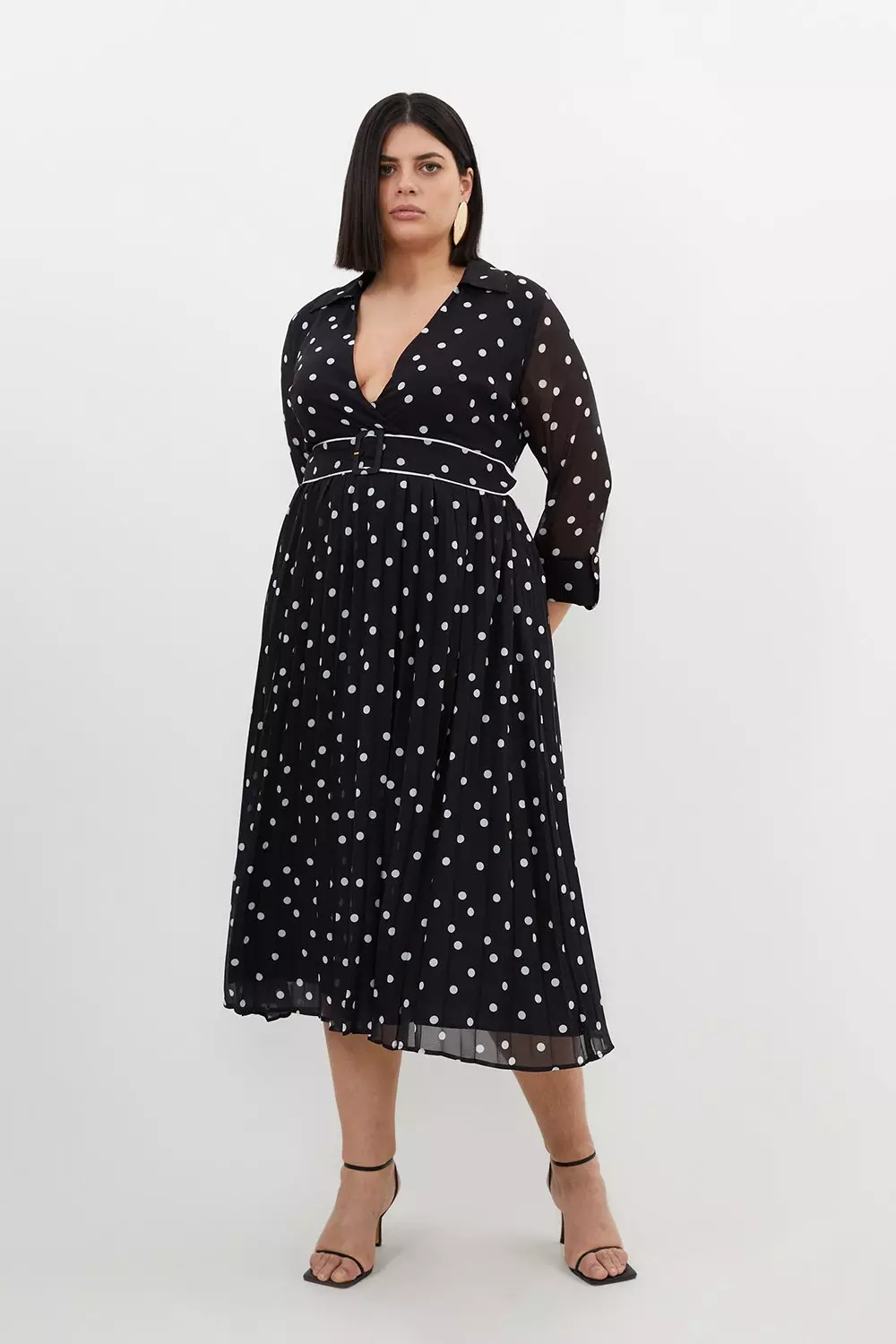 Black Plus Size Pleated Contrast Georgette Spot Woven Midi Dress alternative image