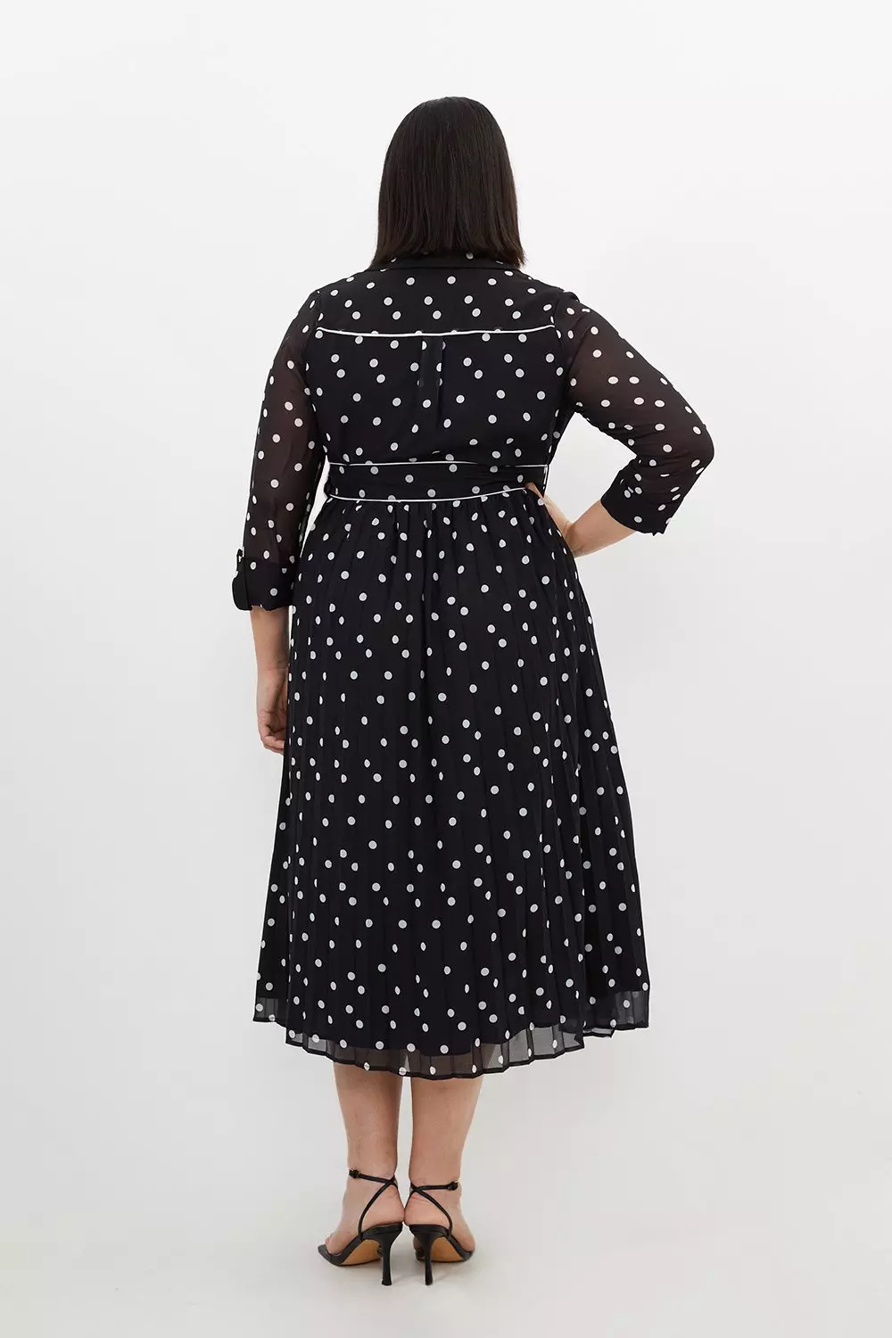 Black Plus Size Pleated Contrast Georgette Spot Woven Midi Dress alternative image