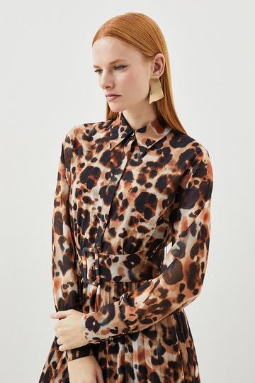 Multi Petite Blurred Animal Georgette Woven Shirt Midi Dress