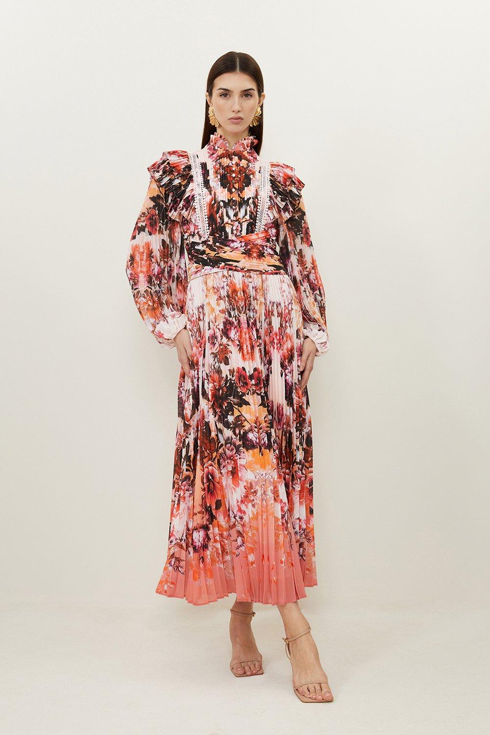 Mirrored Floral Print Pleated Woven Maxi Dress 