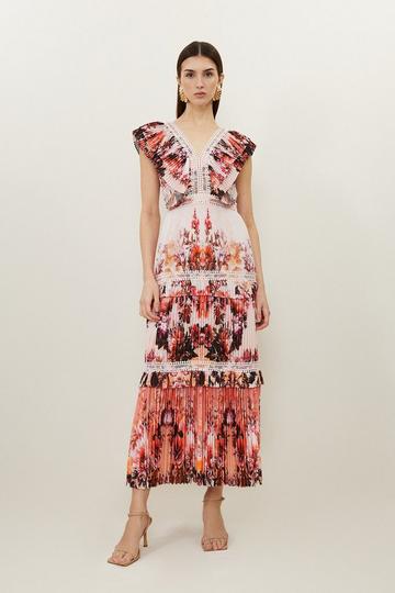 Multi Mirrored Floral Print Pleated Woven Sleeveless Maxi Dress