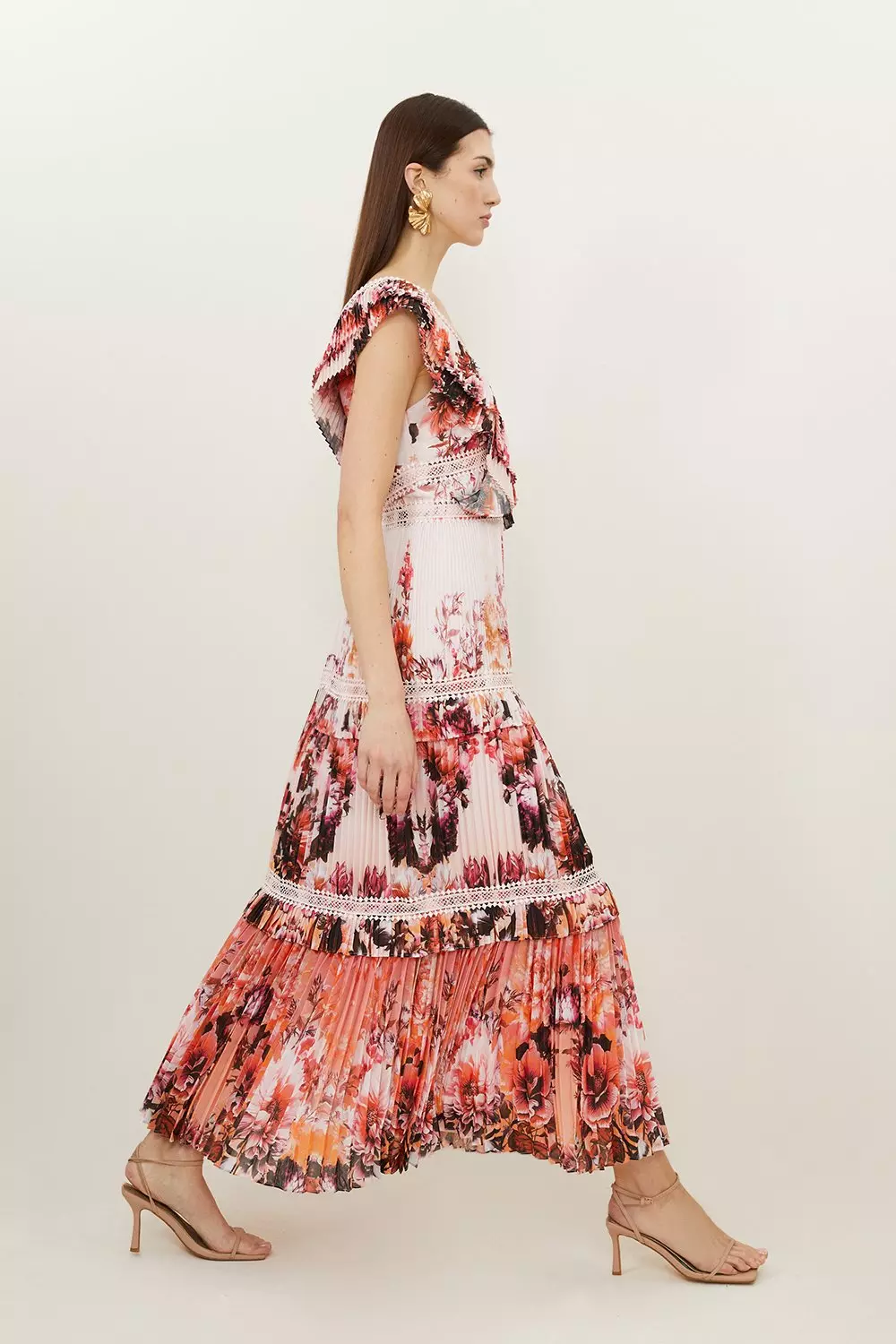 ★Karen Millen★ フローラルプリーツスプリットマキシドレス Mirrored Floral Print Pleated Woven Sleeveless Maxi Dress