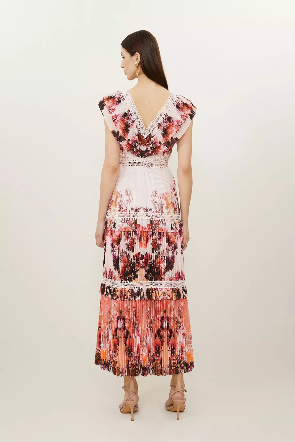 Mirrored Floral Print Pleated Woven Sleeveless Maxi Dress