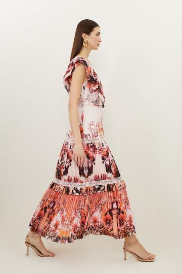 Multi Petite Mirrored Floral Pleated Woven Sleeveless Maxi Dress