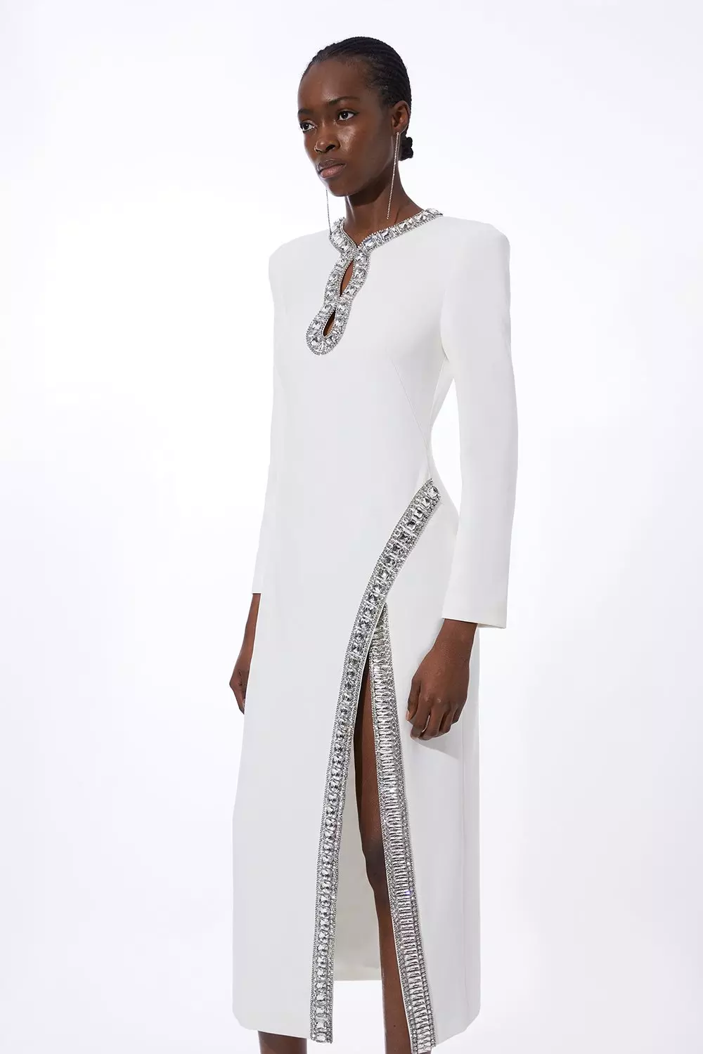 Ivory Cut Out Crystal Embellished Woven Midi Dress alternative image