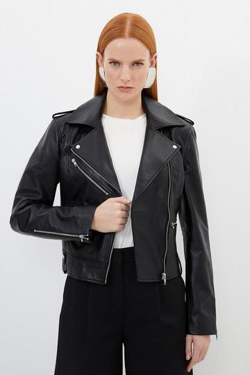Leather Zip Detail Biker Jacket black