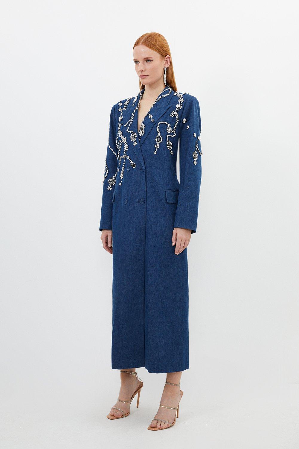 Embellished Denim Double Breasted Maxi Coat - Discount £150