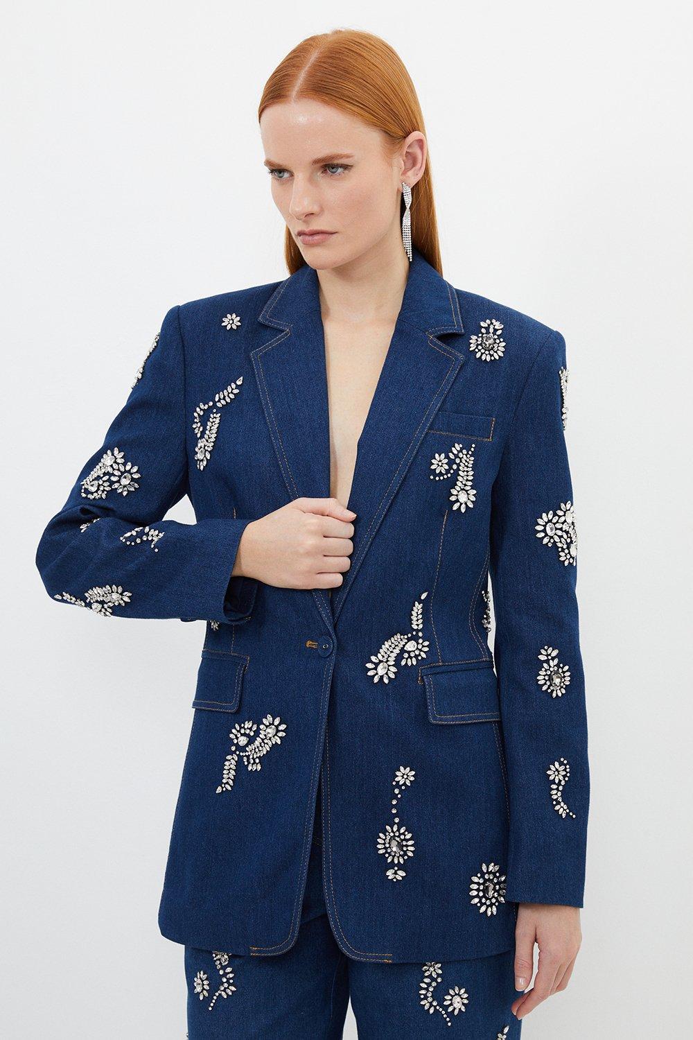 Indigo Embellished Denim Single Breasted Blazer