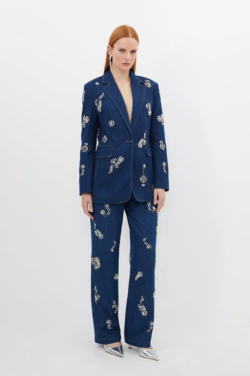 Embellished Denim Single Breasted Blazer | Karen Millen
