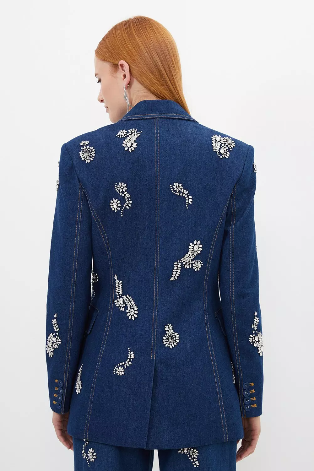 ★Karen Millen メタリックジョーゼットホルター 魅惑的マキシ Pearl Embellished Woven Denim Maxi Blazer Dress | Karen Millen
