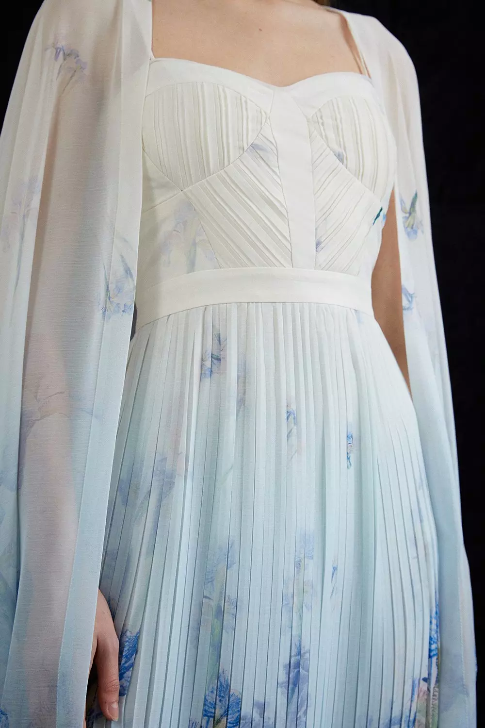 Scattered Floral Print Woven Pleated Cape Maxi Dress | Karen