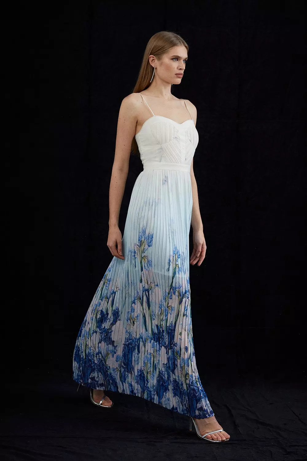 Scattered Floral Print Woven Pleated Cape Maxi Dress | Karen