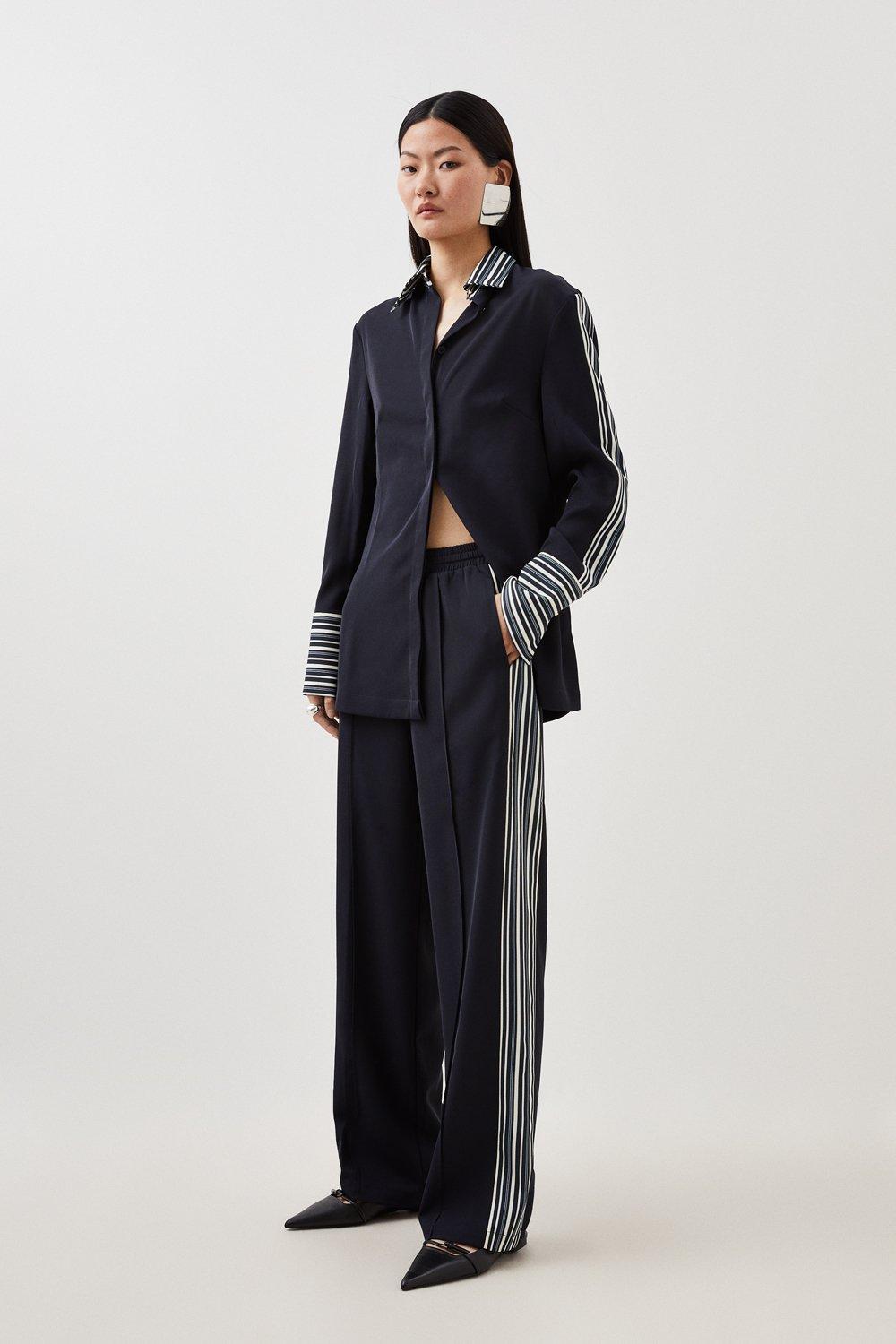 Navy Contrast Twill Woven Wide Leg Pants