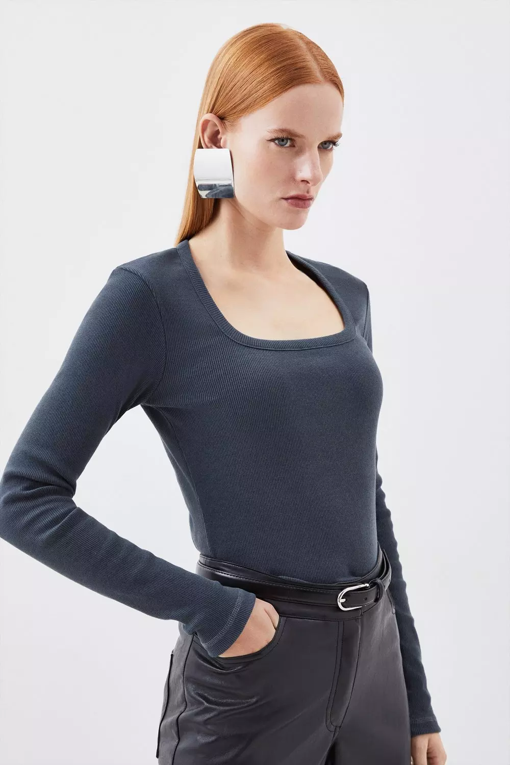 Compact Jersey Rib Square Neck Long Sleeve Top | Karen Millen