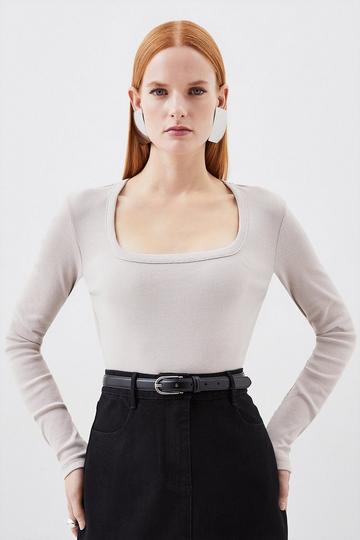 Compact Jersey Rib Square Neck Long Sleeve Top neutral