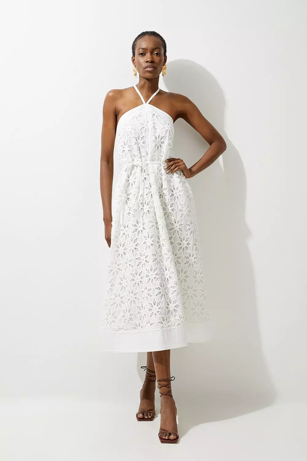 Crafted Cotton Embroidery Woven Halter Midi Dress Karen Millen